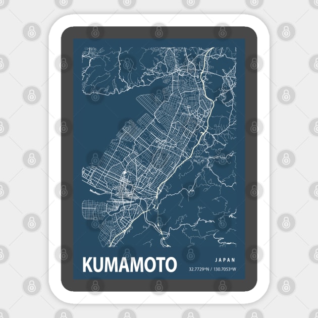 Kumamoto Blueprint Street Map, Kumamoto Colour Map Prints Sticker by tienstencil